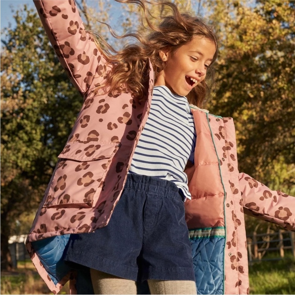 Mini Boden Pink Animal Print Waterproof Parka Size 5-6y